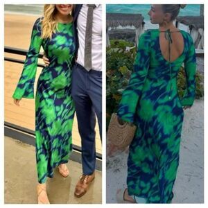 The Wolf Gang Maxi Dress Calypso Satin Blue Green Floral Slip Long Sleeve sz XS